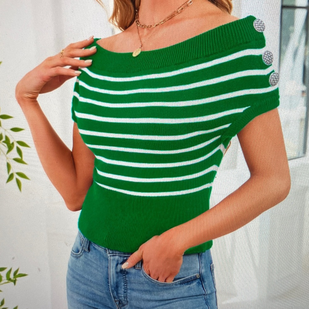 Green Striped Off-Shoulder Sweater